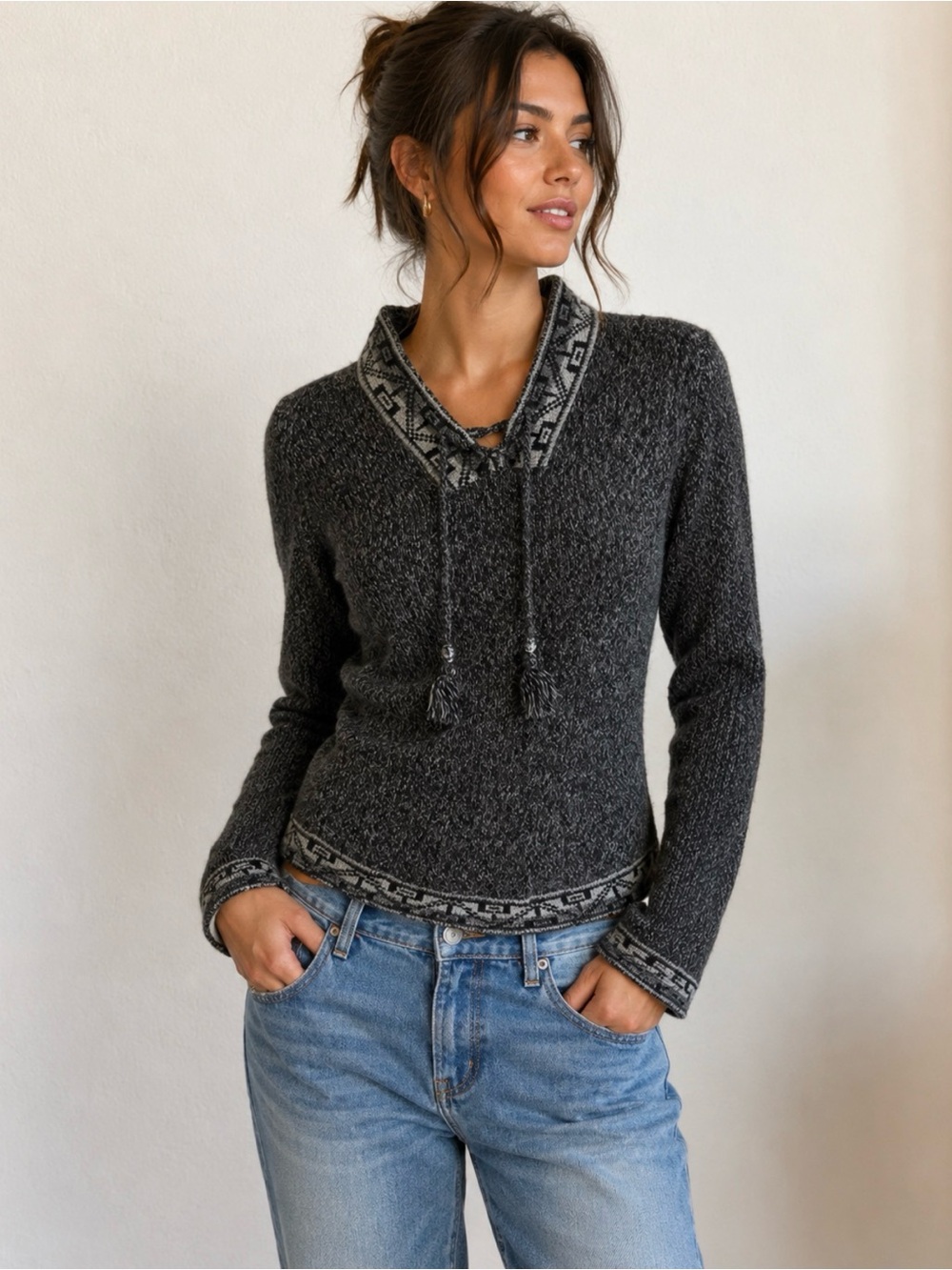 Alpaca Fina  Charcoal Knit V-Neck Sweater with Tassel Ties